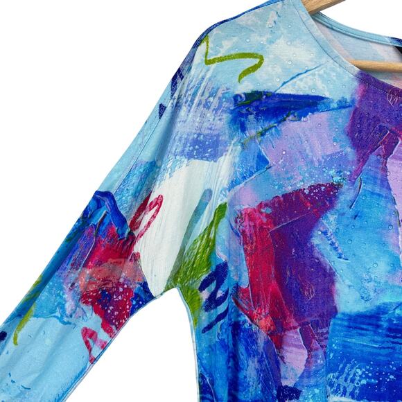 Ali Miles Round Neck Drop Shoulder Clear Embellished Shirt Sz Medium Artsy - Picture 5 of 7